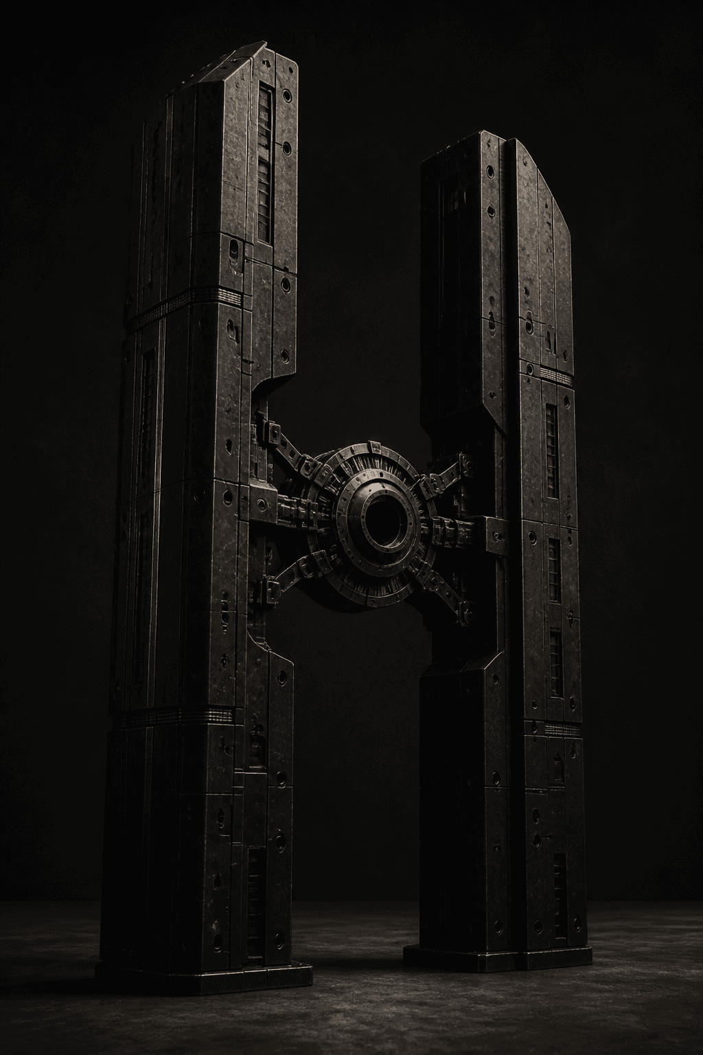 Two stone and steel structures connected by a precision copper mechanism.