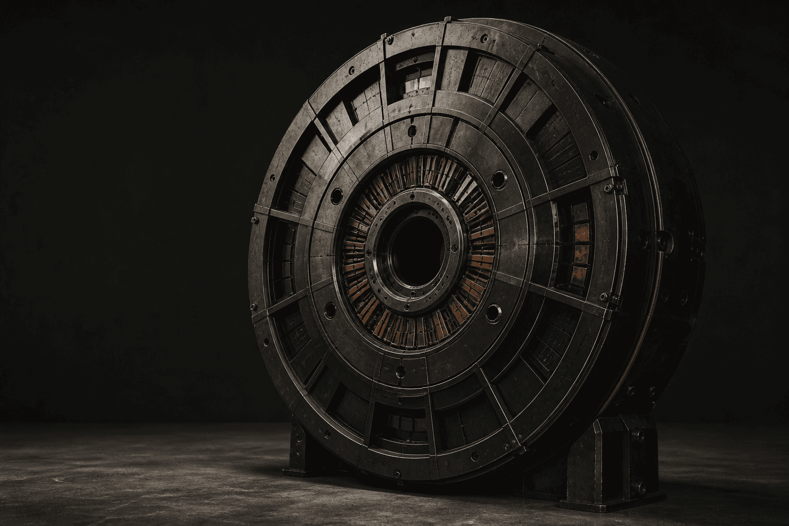 A monumental circular machine in blackened steel with radial copper conductors.