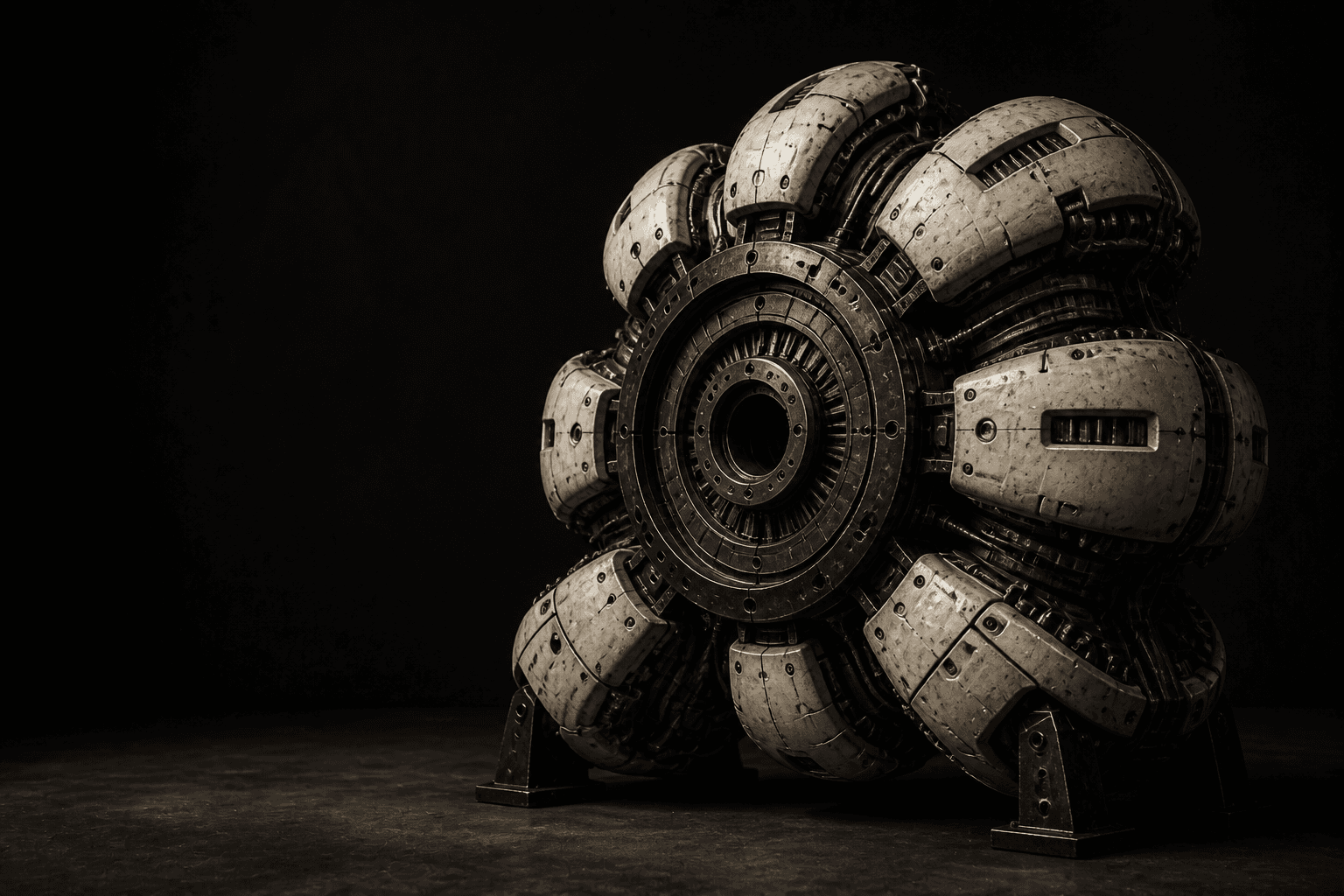 A ceramic mechanical form assembled around a dark radial core.