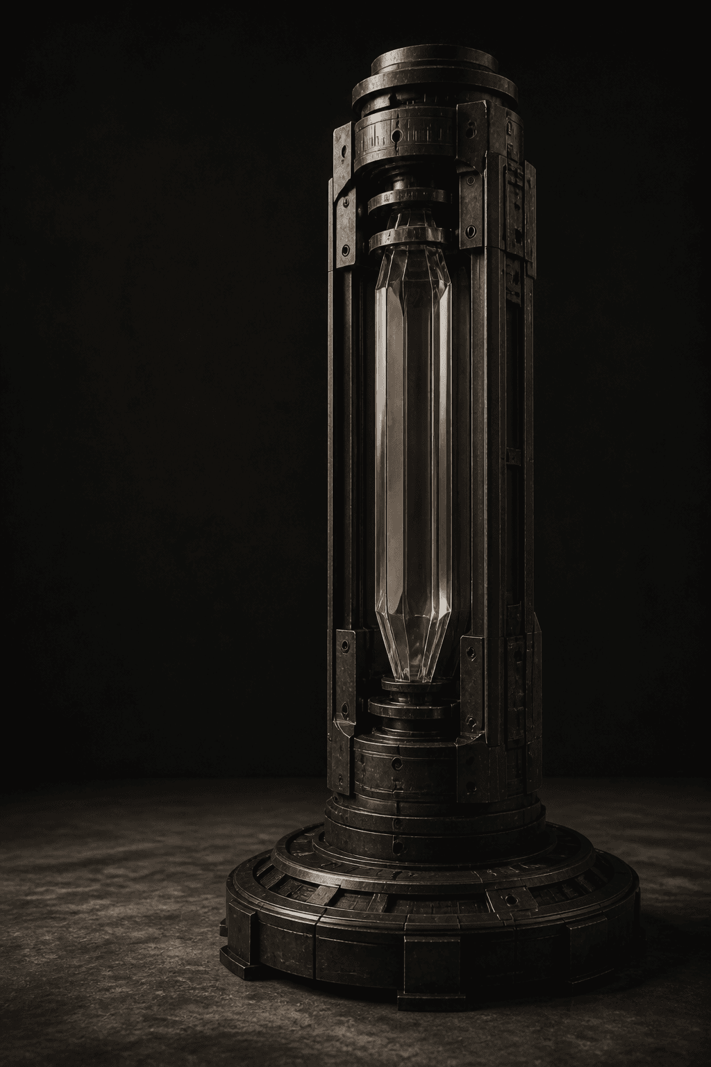 An optical glass instrument held by a blackened steel and copper chassis.
