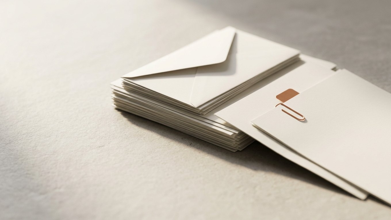 Stack of blank paper documents being sorted into a single neat line, one marked with a copper clip.