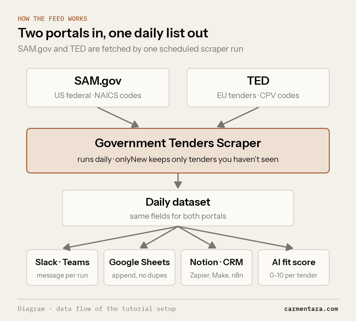 Diagram: SAM.gov and TED feed the Government Tenders Scraper, which runs daily and keeps only new tenders. It writes one daily dataset that goes to Slack or Teams, Google Sheets, Notion or a CRM via Zapier, Make or n8n, and an AI fit score.