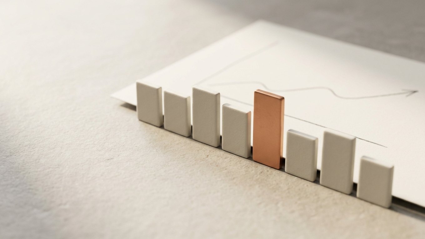 Row of small off-white tiles of different heights, with one copper tile standing taller than its neighbours.